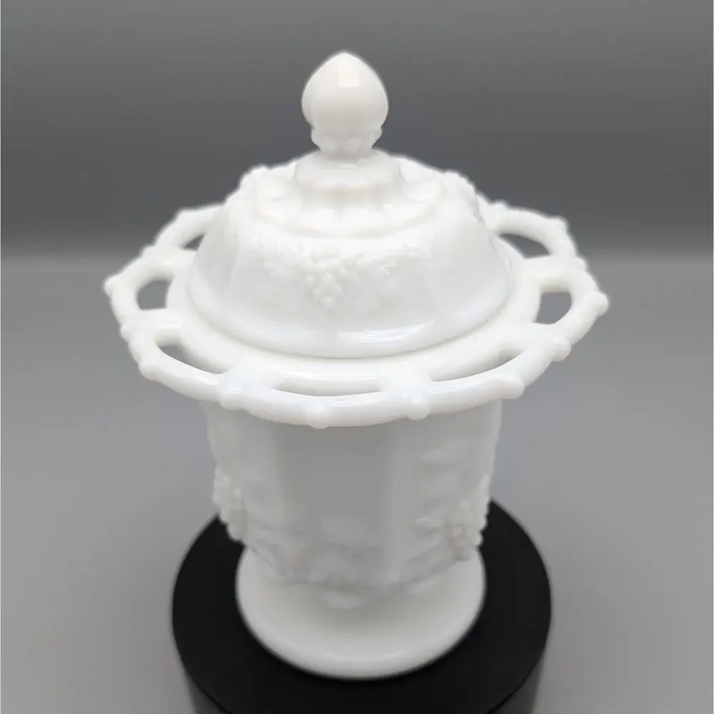 Westmoreland Paneled Grape Milk Glass Lidded Jar Candy Dish Lace Edge